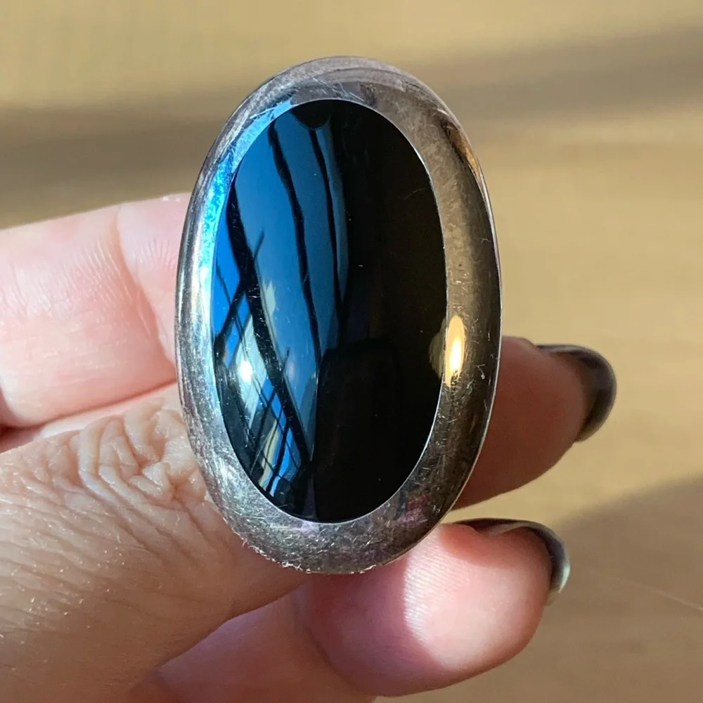 VINTAGE LARGE BLACK STONE RING 925 STERLING SILVER STATEMENT
